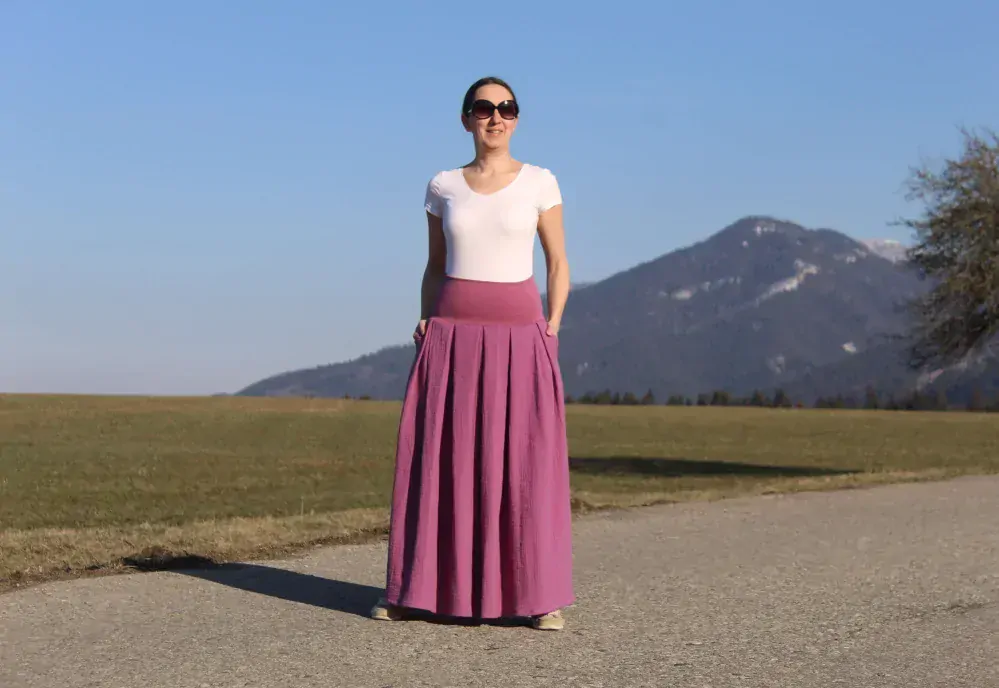 Mušelínová skladaná sukňa staroružovo-fialová