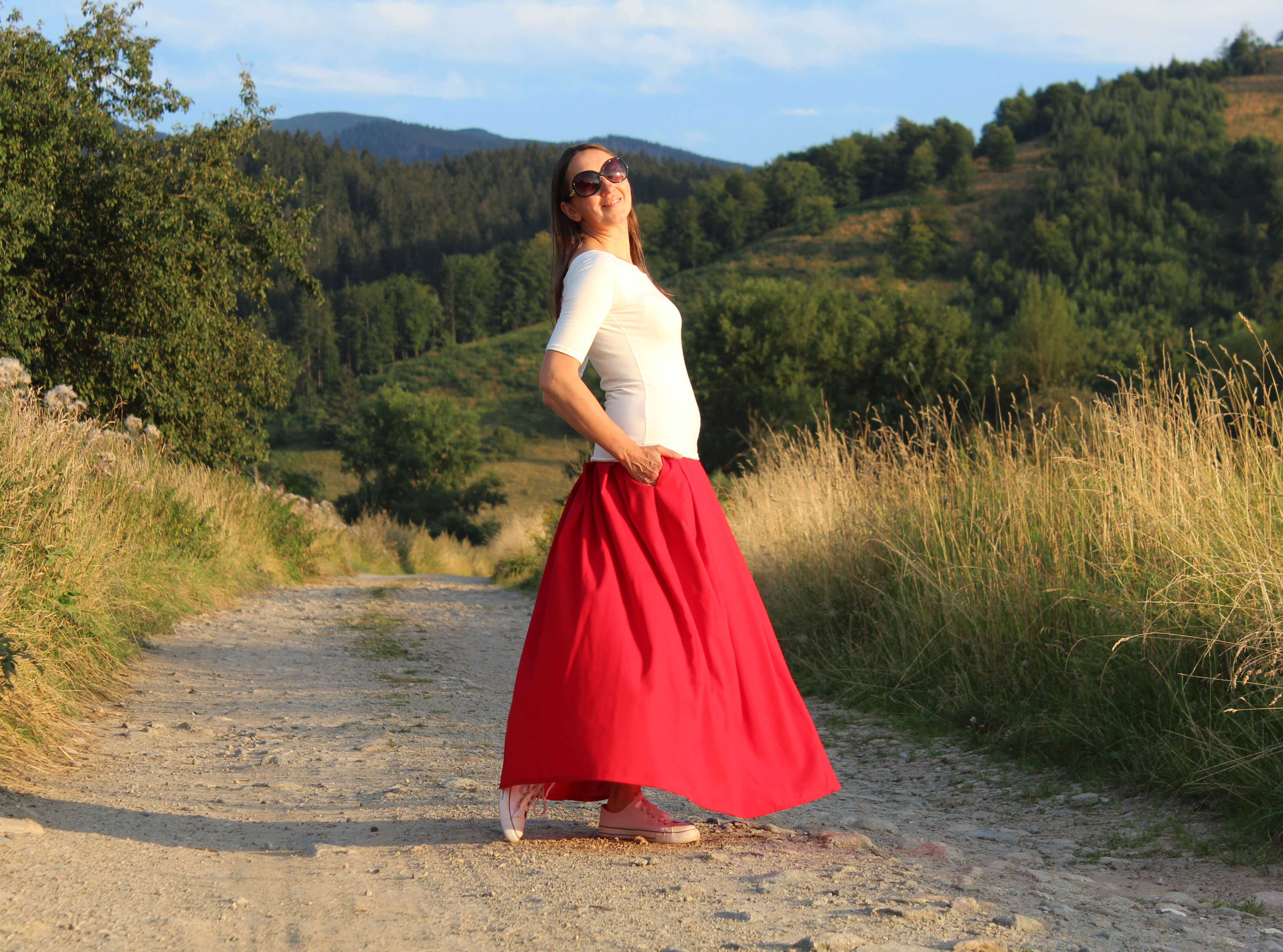 Ľanová červená skladaná sukňa