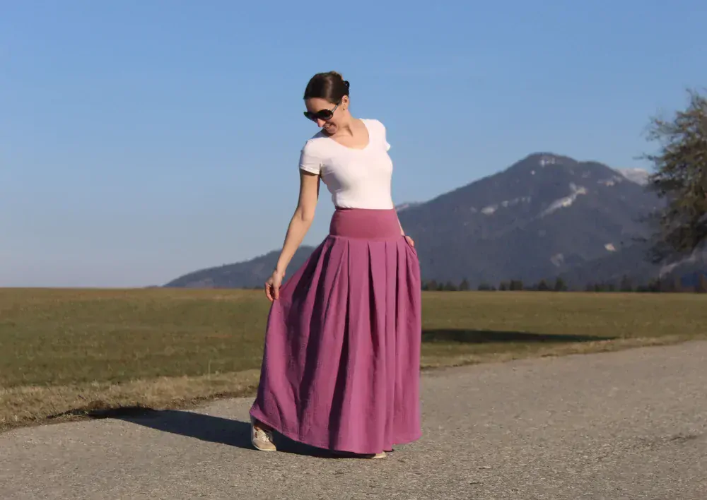 Mušelínová skladaná sukňa staroružovo-fialová