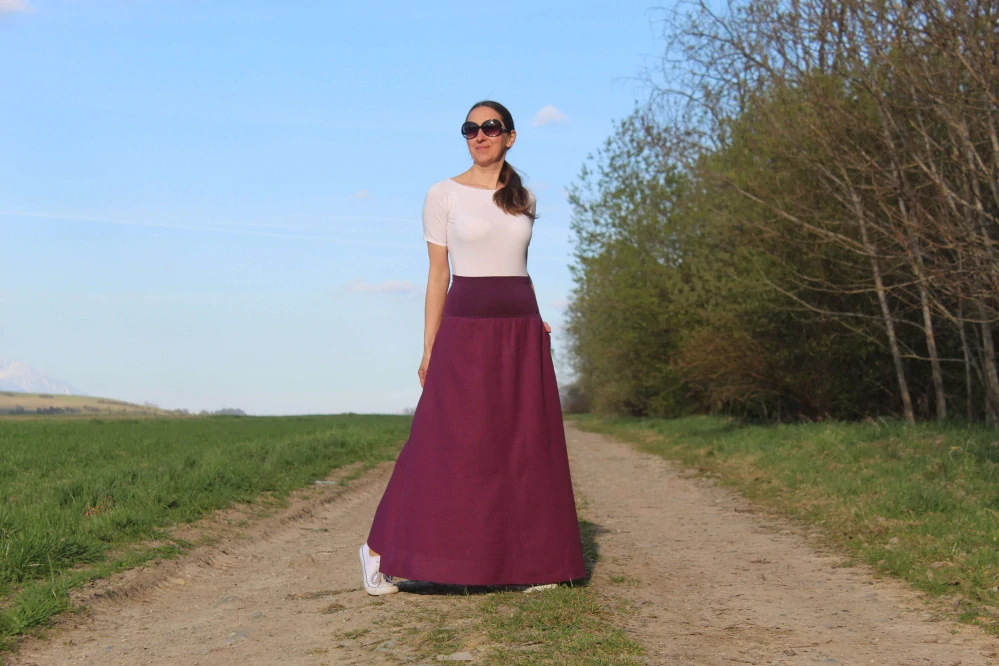 Dlhá ľanová áčková sukňa – slivkovo-fialová