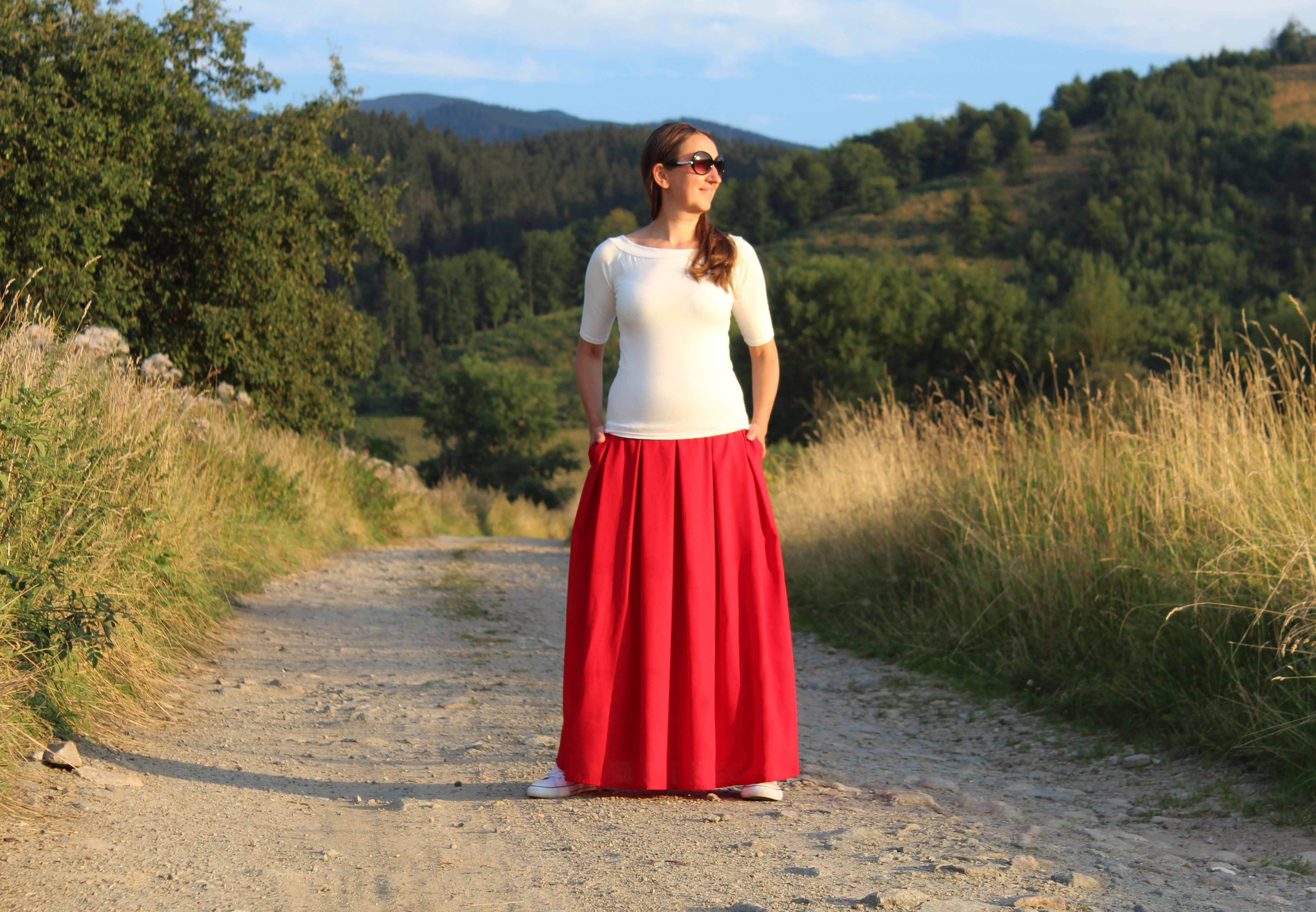 Ľanová červená skladaná sukňa