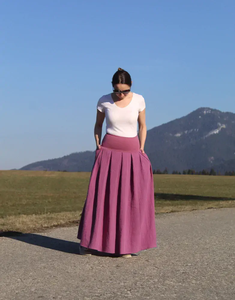 Mušelínová skladaná sukňa staroružovo-fialová