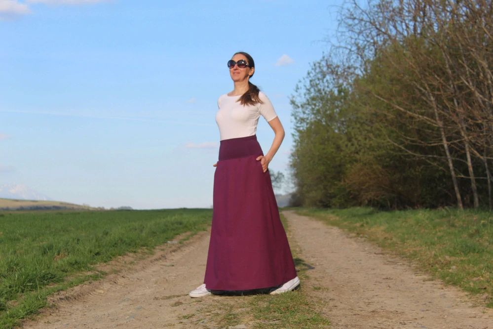 Dlhá ľanová áčková sukňa – slivkovo-fialová