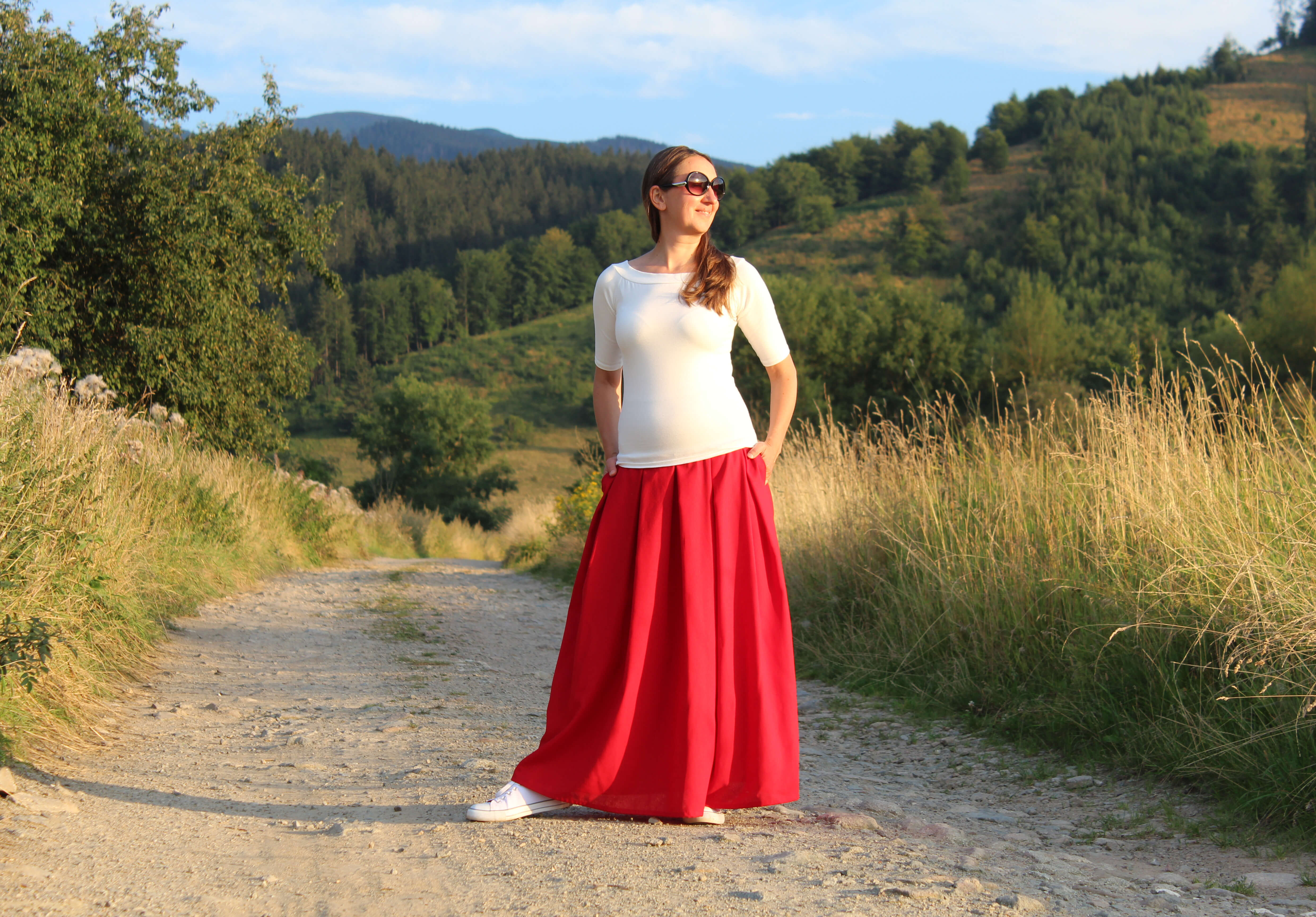 Ľanová červená skladaná sukňa