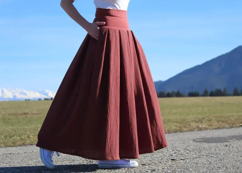 Mušelínová skladaná sukňa staroružovo-fialová