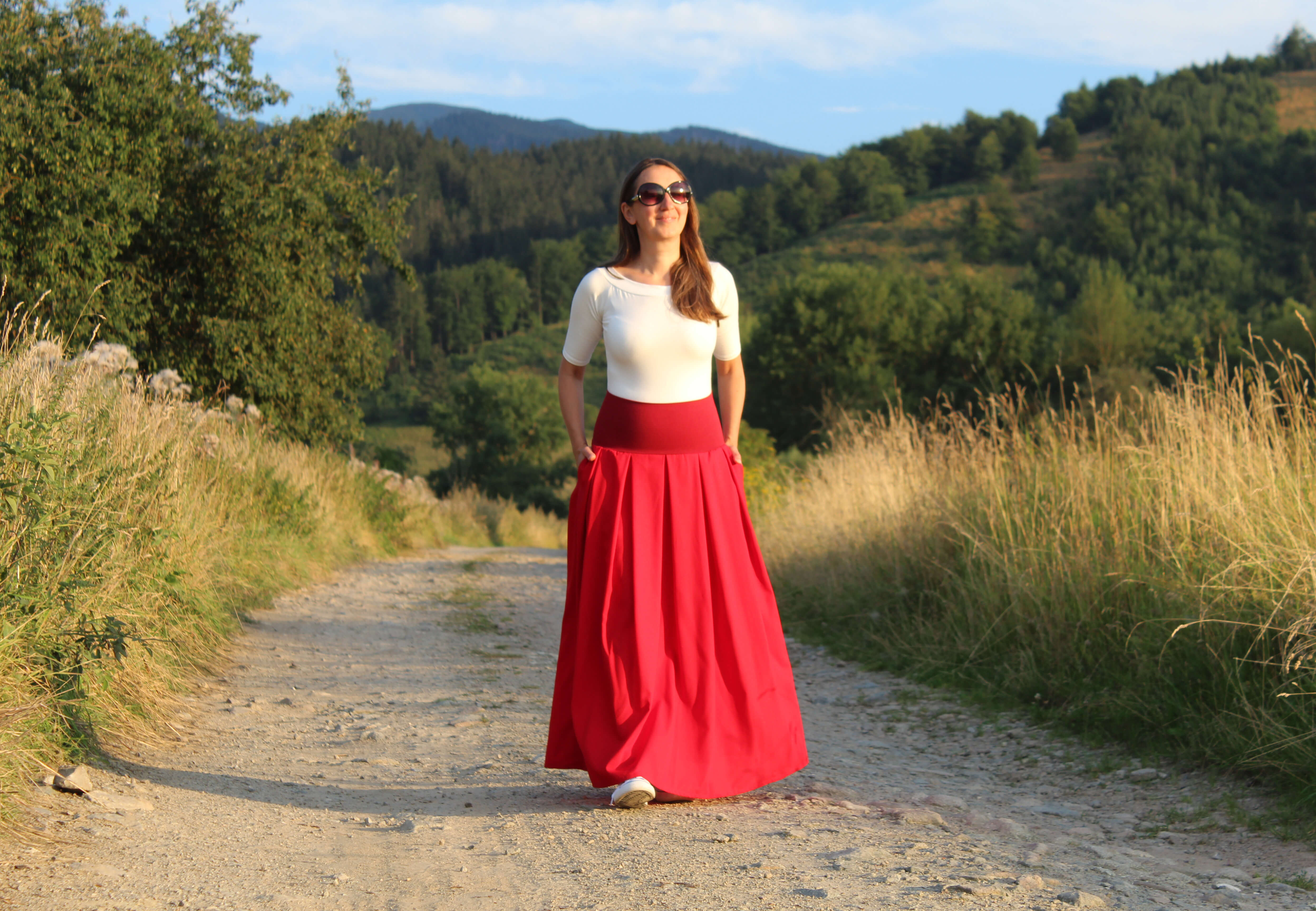 Ľanová červená skladaná sukňa