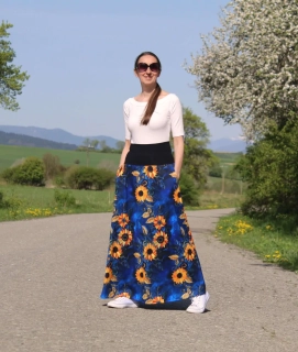 Úpletová sukňa modrá so slnečnicami