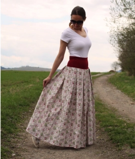 Dlhá skladaná sukňa drobné kvietky na režnej