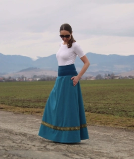 Dlhá tyrkysová ľanová sukňa so stuhou veľ. M