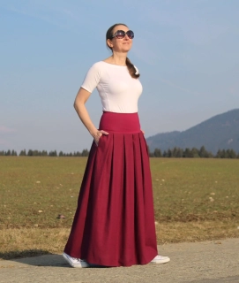 Dlhá vínová skladaná sukňa zo zmesového ľanu
