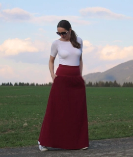 Dlhá áčková ľanová sukňa vínová