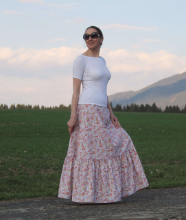 Dlhá bavlnená svetlošedá volánová sukňa s paisley vzorom