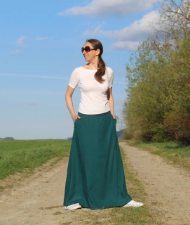 Dlhá áčková ľanová sukňa petrolejovozelená