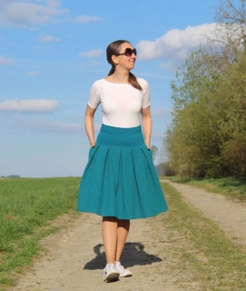 Krátka skladaná petrolejová sukňa z mušelínovej madeiry veľ.M