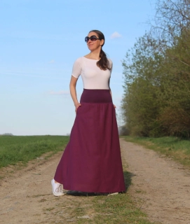 Dlhá ľanová áčková sukňa – slivkovo-fialová