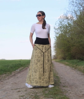Dlhá áčková sukňa zo zmesového ľanu – béžová s kvetinovým vzorom